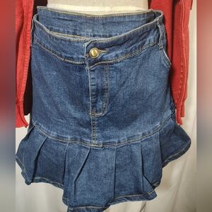 UBU Denim Mini Skirt, Blue, Ruffled Edges, Zipper, Stretch Blue Jean, 2X